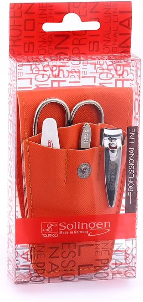Tarko Solingen Travel Nail Clippers Manicure Set, 4 Pcs Nail Care Kit with Stylish Leather Carry Case & Nail Scissors - Professional Nail Clippers Set (Orange)