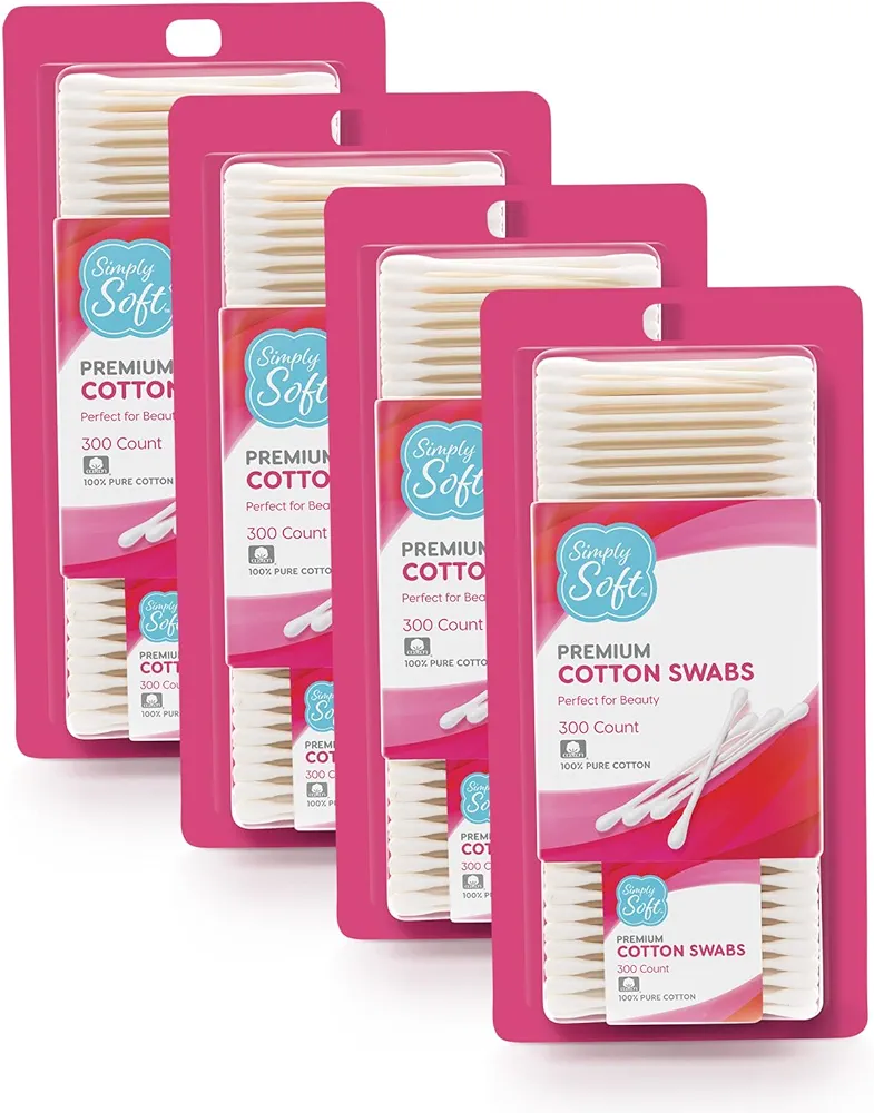 Simply Soft Cotton Tip Applicators, Cotton Swabs with Double Round Tips, 300 Count (Pack of 4)