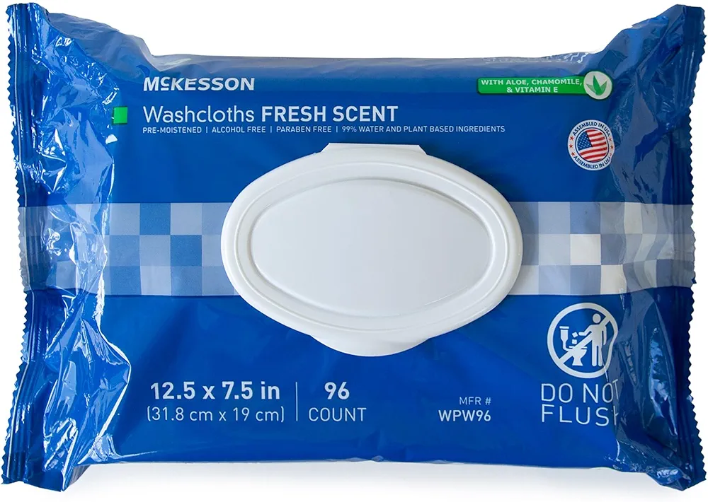 McKesson Washcloth Wipes, Scented (6 Pack, 576 Washcloths) Disposable Wet Wipes for Adults - Alcohol-Free - No-Rinse Formula - Snap Lid Soft Pack - 96 Wipes Per Pack