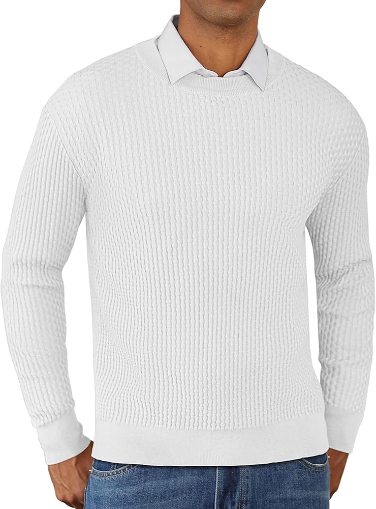 Mens Crewneck Pullover Sweater Knit Textured Long Sleeve Casual Slim Fit Sweaters