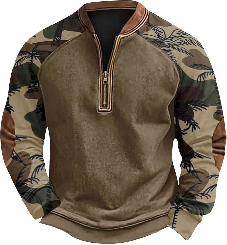 Camo Sweatshirt for Men 2024 Quarter Zip Long Sleeve Henley Neck Pullover Shirts Plus Size Hunting Winter Hoodies