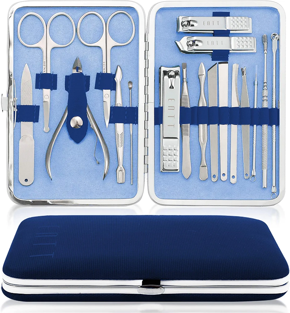 ENTT 18 Pcs Pedicure Kit Manicure Set - Grooming Kit for Men, Women - Premium Case & Carbon Steel Tools - Professsional Tool Kit - For Travel, Home, Spa, Salon - Gift for Him, Her (Blue Case)