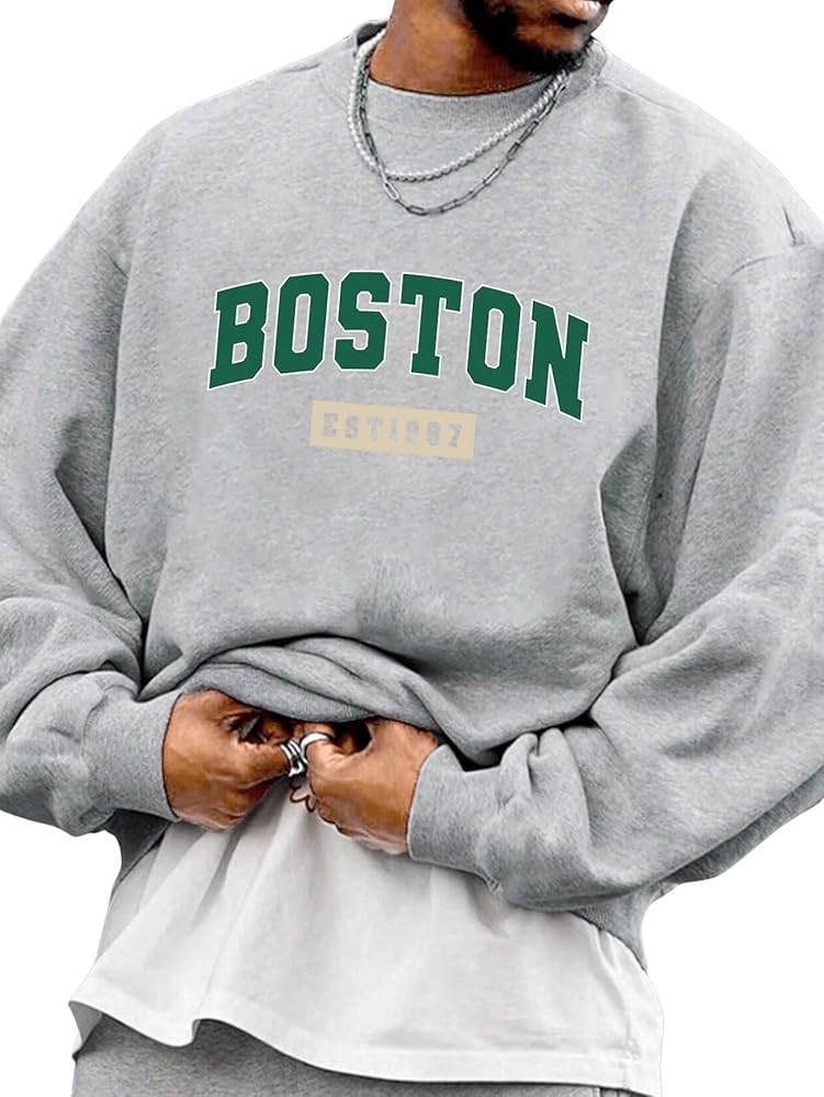 WDIRARA Men's Letter Print Oversize Crewneck Pullover Drop Shoulder Long Sleeve Sweatshirts