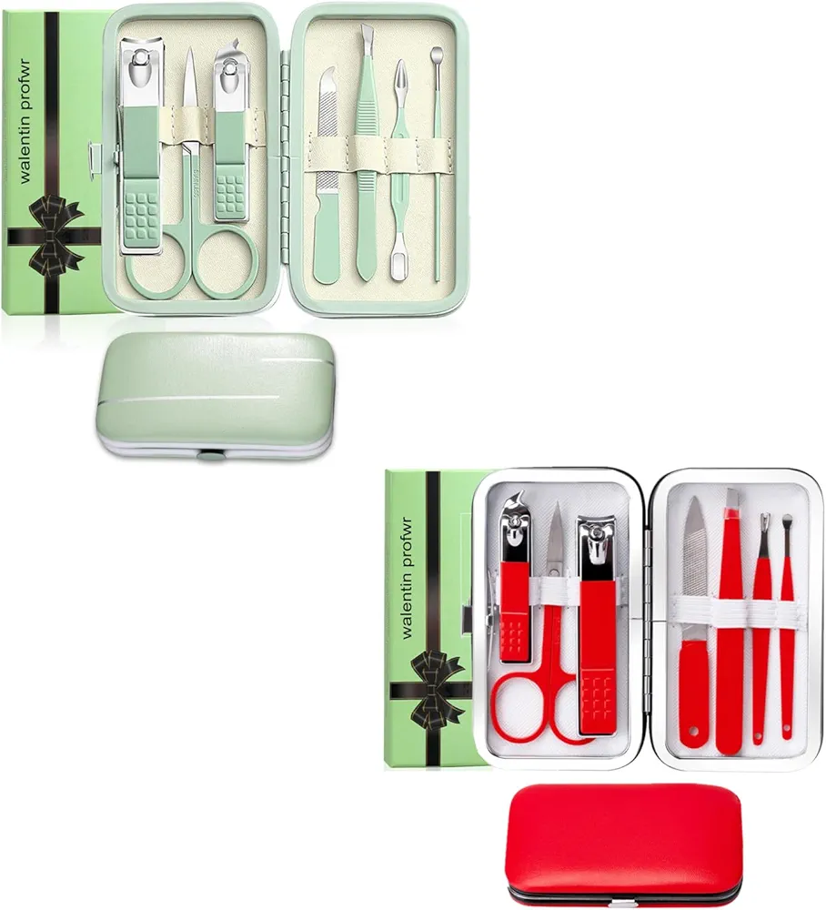 Manicure Set Nail Clipper Set Men Women Toe Finger Nail Clippers Personal Care Tools with Portable Travel Case(green+red)