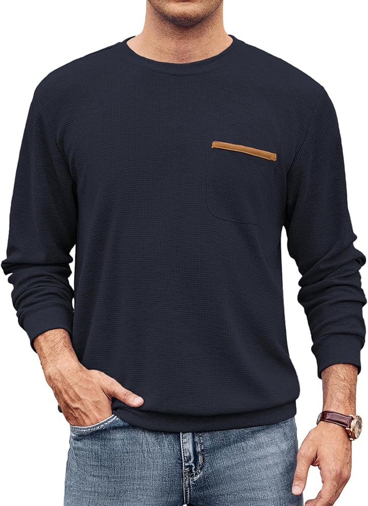 Hardaddy Men's Waffle Textured T-Shirts Crewneck Long Sleeve Tees Casual Lightweight Sweatshirts with Pocket