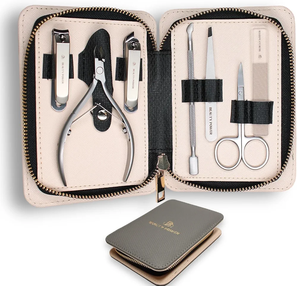 Manicure Pedicure Set 7-in-1 Stainless Steel with Case, Ultra Sharp, Slanted Nail Clipper, Fingernail Clipper, Cuticle Nipper, Glass Nail File, Eyebrow Tweezers, Scissors (Matte Grey)