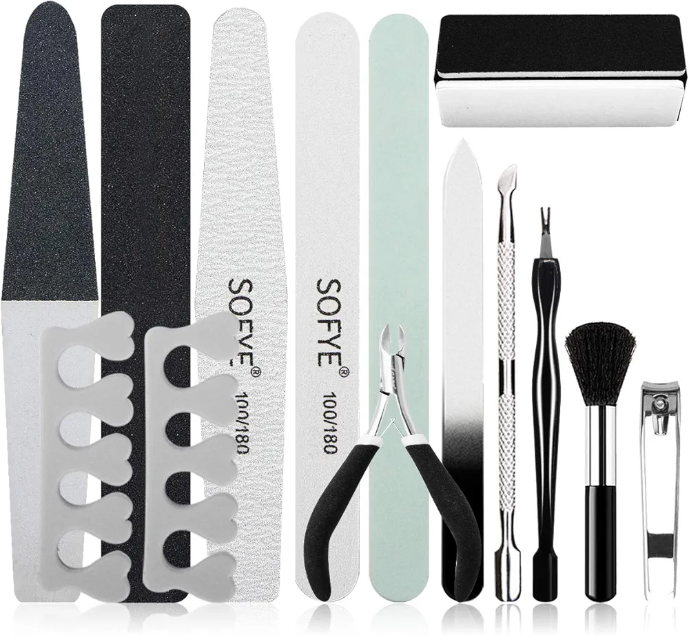 SOFYE Nail Files Set Professional Manicure Pedicure Set Nail Buffers Nail Files Double Sided Emery Board Grooming Kit Salon manicure kit Washable Effectively 15 in 1(Black)