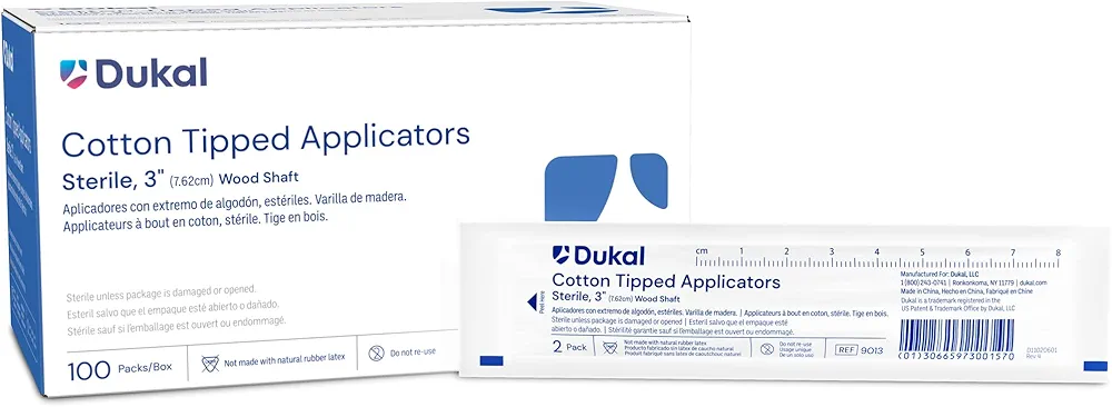 Dukal Cotton Tipped Applicators 3". Pack of 200 Swabsticks Wood Shaft. 100% Cotton Tip, Sterile Swabsticks for Medical Applications. Single use Wood Sticks with Single Tip, 9013