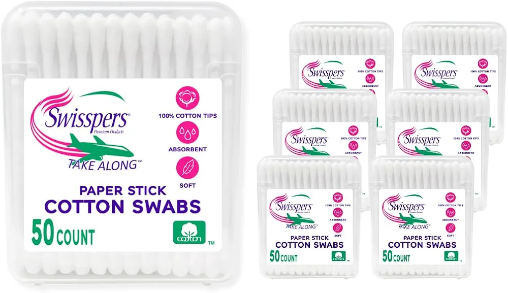 Swisspers Take Along Cotton Swabs, 100% Cotton Double-Tipped, White Paper Sticks, Travel Size, 6-Pack, 50 Swabs Per Packages (300 Swabs Total)