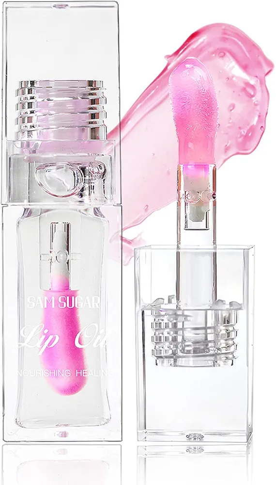 Color Changing Lip Oil,Clear to Pink Magic Big Brush Color Changing Hydrating Lip Glow Oil,Long Lasting Nourishing Non-sticky Lip Oil Tinted for Lip Care and Dry Lips (Transparent)
