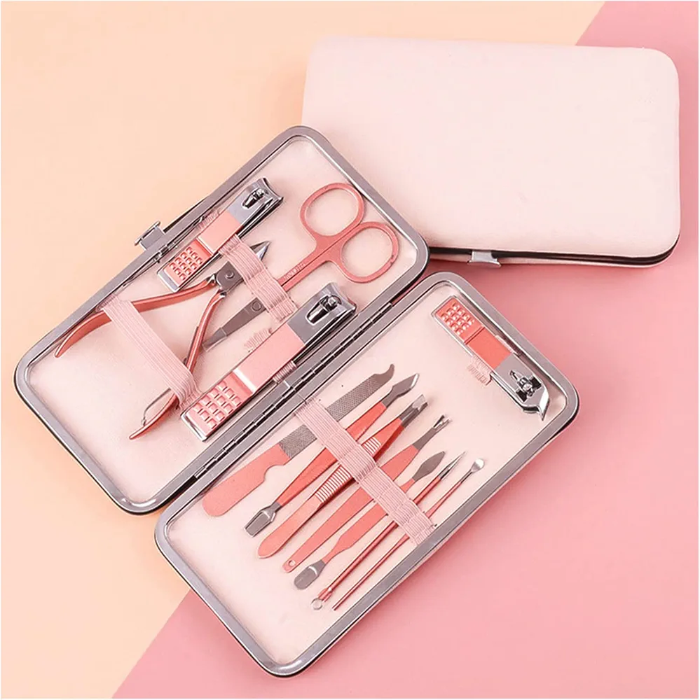 Pink Manicure Set Beauty Tool Portable 12 in 1 - Nail Clipper Pedicure Grooming Kit Stainless Steel Luxury Leather Travel Case, for Woman Girl Home Travel Gift Giving