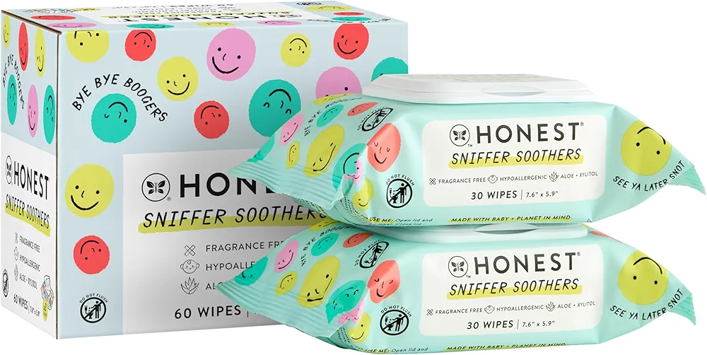 The Honest Company Plant-Based Snot Removing Wipes | Soothing Nose + Face Wipes with Aloe | Hypoallergenic for Sensitive Skin, EWG Verified | Fragrance Free, 60 Count