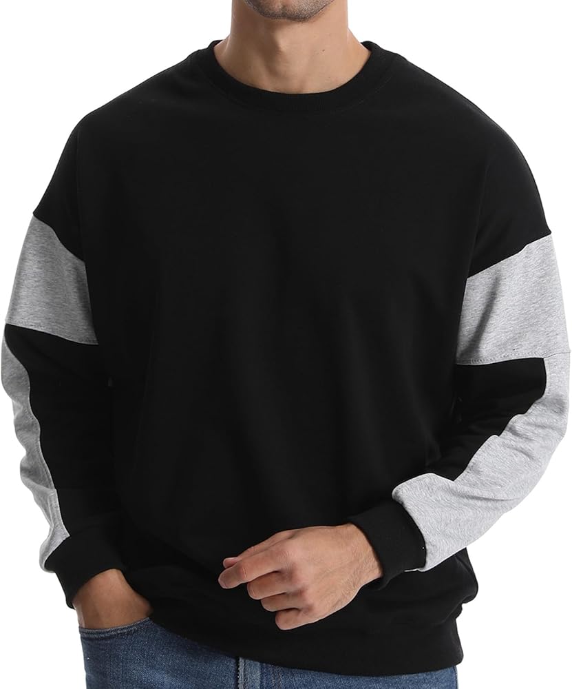 Suwangi Men's Crewneck Sweatshirts Patchwork Athletic Workout Sweat Shirt Casual Loose fit Long Sleeve Pullover Tops for Men