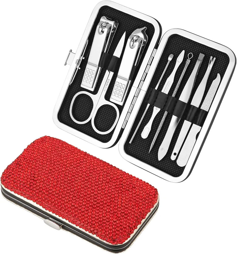 AsAlways Diamond-Studded 9pcs Manicure Set Bling Crystal Travel Mini Nail Clippers Kit Pedicure Care Tools with Shiny Rhinestone Travel Case(Red)