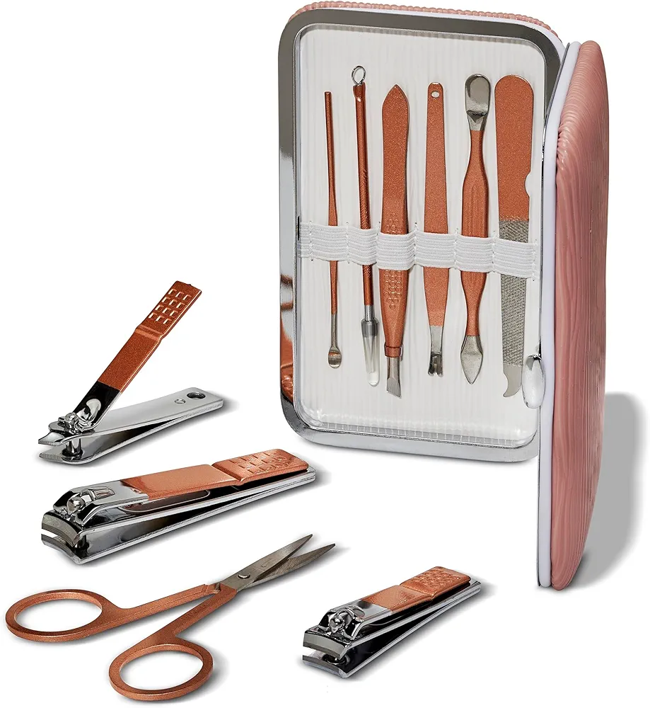 Blossom 10 in 1 Professional Manicure, Pedicure + Facial Tools Grooming Kit, Stainless Steel Nailcare Nail Clipper Kit with Nail Care Tools, Travel Case and Gift Ready Box
