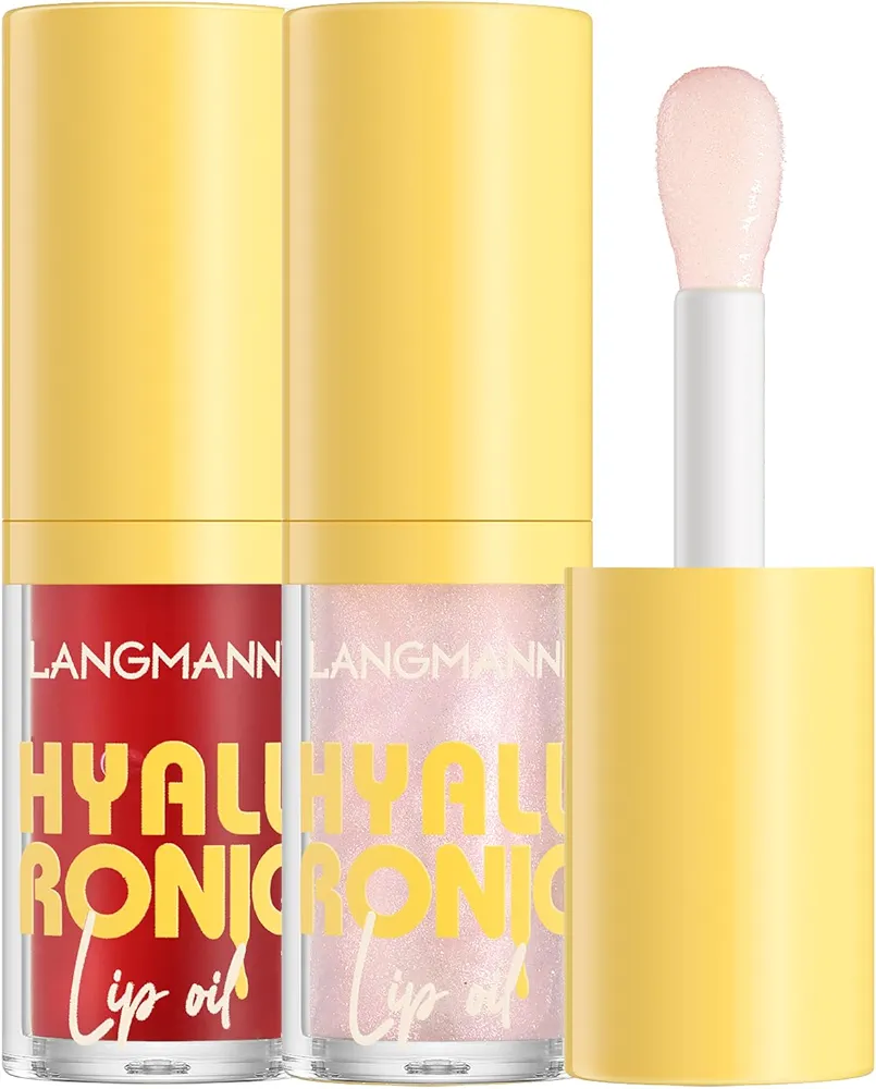 LANGMANNI Hyaluronic Acid Lip Oil,Hydrating and Nourishing Lip Gloss,Lightweight & Non-Sticky,Tinted Lip Glow Oil.(#3 Cherry+#6 Crystal)