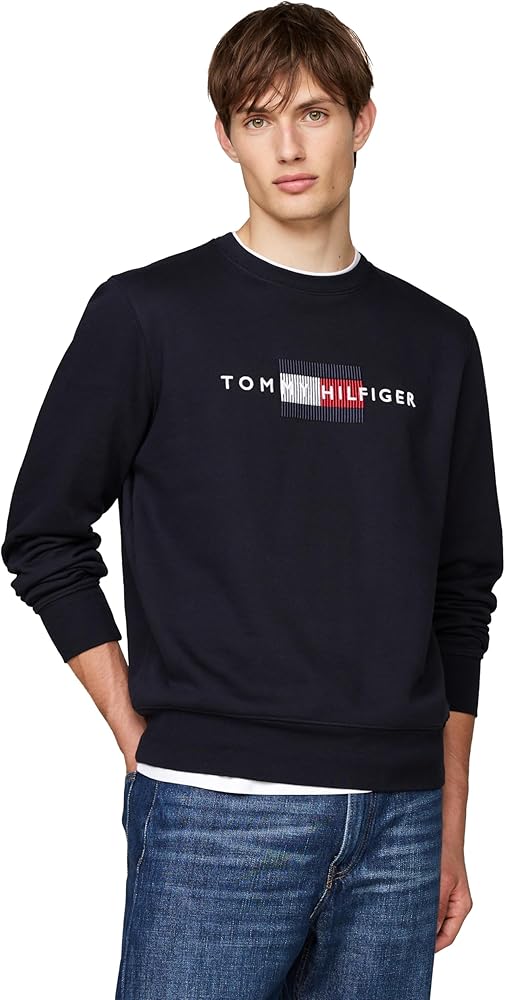Tommy Hilfiger Men's Medium Weight Crewneck Sweatshirt with Embroidered Flag Logo