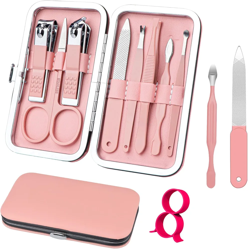 Manicure Set 8 in 1 Nail Clipper Set,RedFlow Nail Clippers,Fingernail & Toenail Clippers,Manicure Tools,Pedicure Tools,Suitable for Travel Manicure Kit,Nail Set Kit with Everything Profe (Pink)
