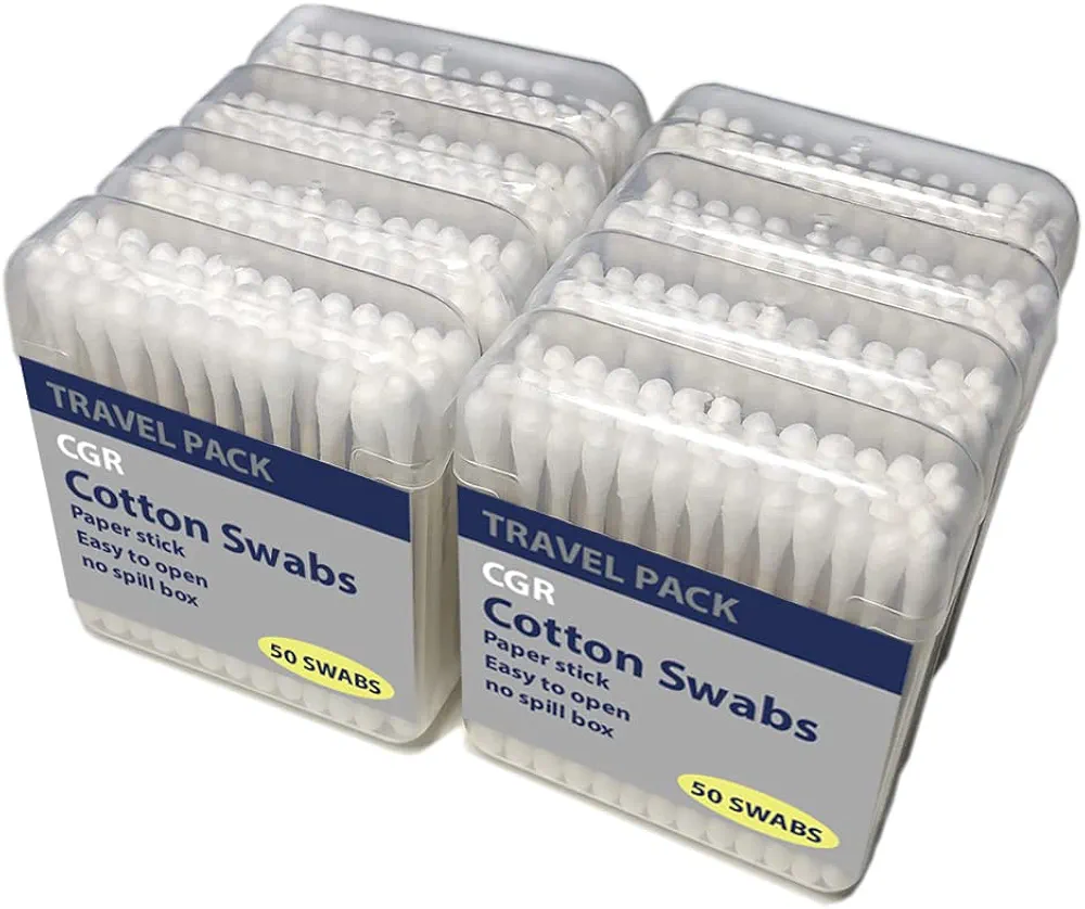 400pcs CGR Organic Cotton Swabs, 100% Cotton Double-Tipped, White Paper Sticks(compostable), Travel Pack(8 Pack of 50 Swabs Total)
