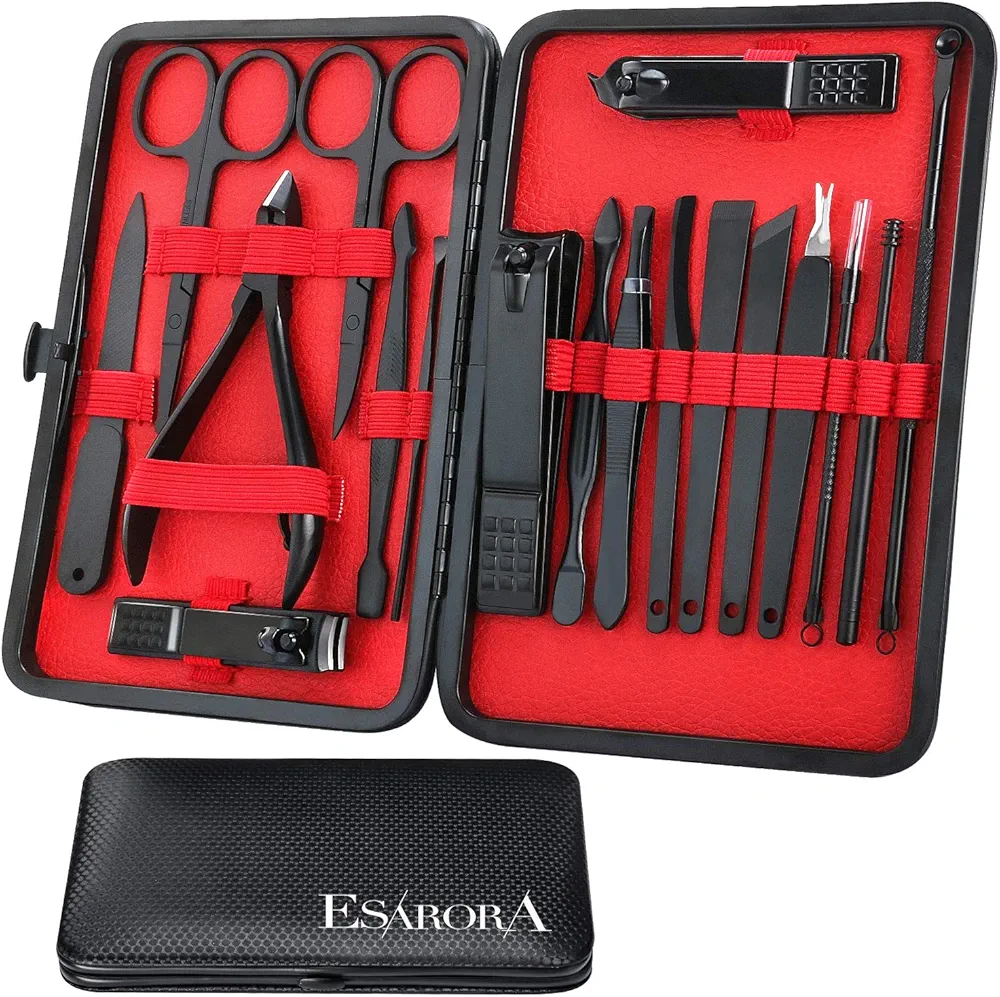 ESARORA Manicure Set, 18 in 1 Stainless Steel Professional Pedicure Kit Nail Scissors Grooming Kit with Black Leather Travel Case