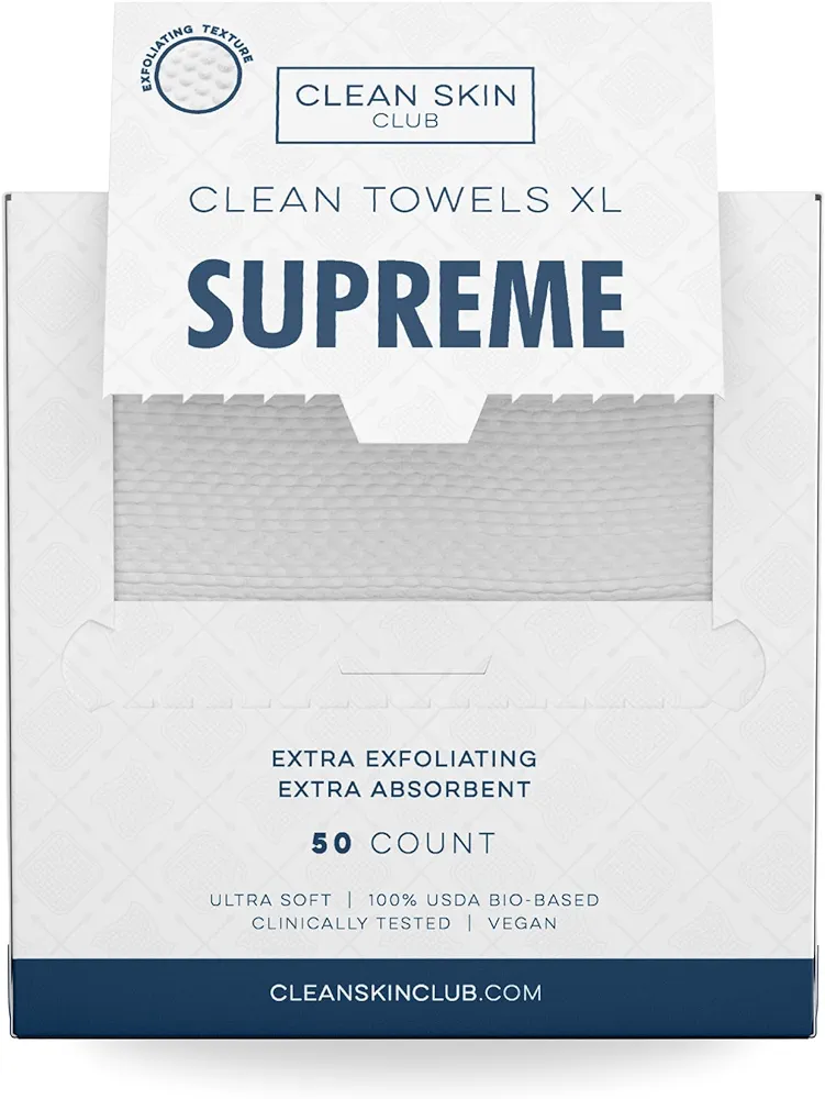 Clean Skin Club Clean Towels XL™ Supreme, 100% USDA Biobased Dermatologist Approved Face Towel, Gentle Exfoliation, Disposable Facial Washcloth, Makeup Remover Dry Wipes, 50 Count