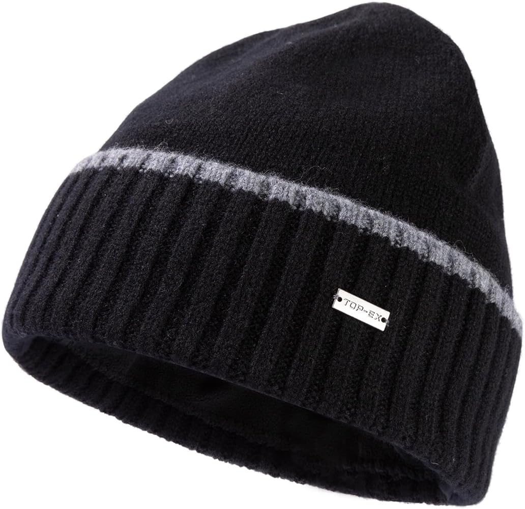 TOP-EX XL/XXL 100% Merino Wool Beanies Hats Men Fleece Lined Winter Knitted Hat Warm Cuffed Beanie