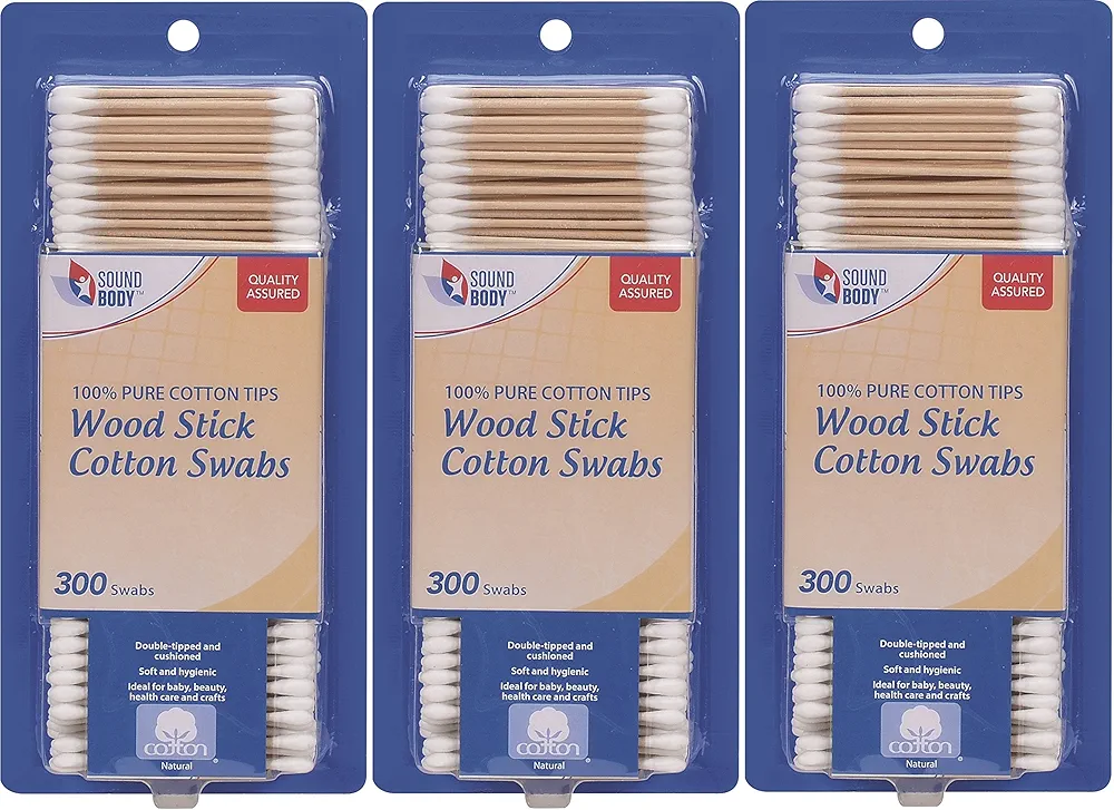 Wood Stick 100% Cotton Swabs by Sound Body - Double Tipped and Cushioned - 3 pack - Total 900 Count