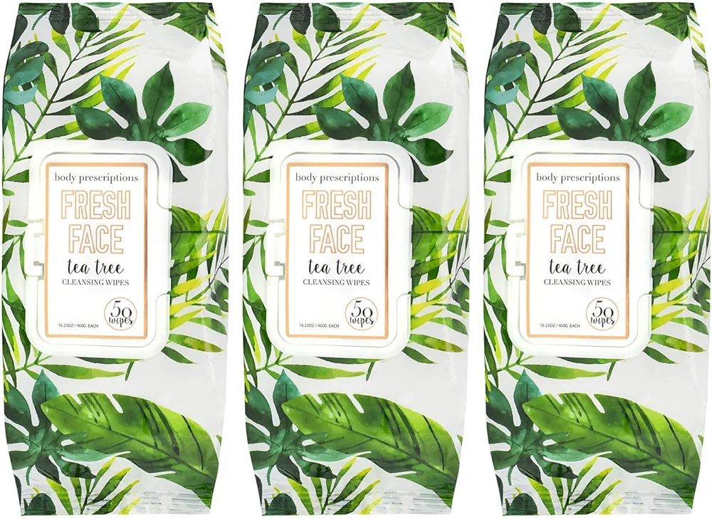 Body Prescriptions Tea Tree Facial Wipes, Moisturizing, Deep Cleansing Face Towelettes, Refreshing + Nourishing, Gentle Cleansing Cloths, 50 Count (Pack of 3), Tea-Tree
