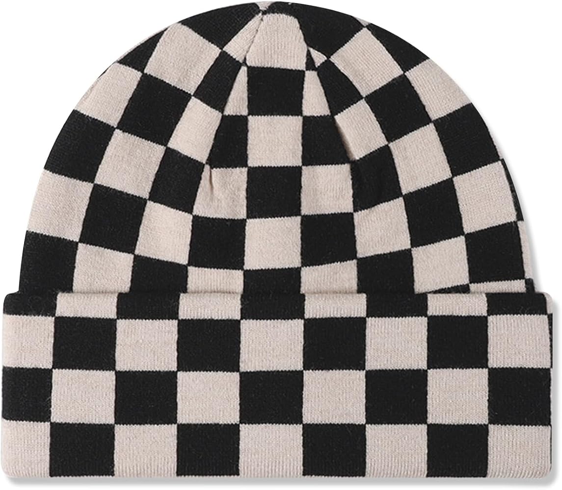 Knitted Beanie Men Women Checkerboard Pattern Cuffed Beanie Slouchy Beanie Stretchy Warm Winter Hat Baggy Skull Cap
