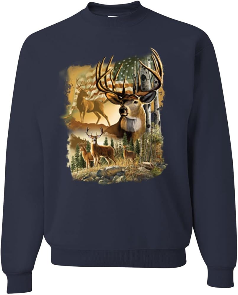 Wild Bobby Deers in Mountains Patriotic American Flag Hunting Animal Lover Unisex Crewneck Graphic Sweatshirt