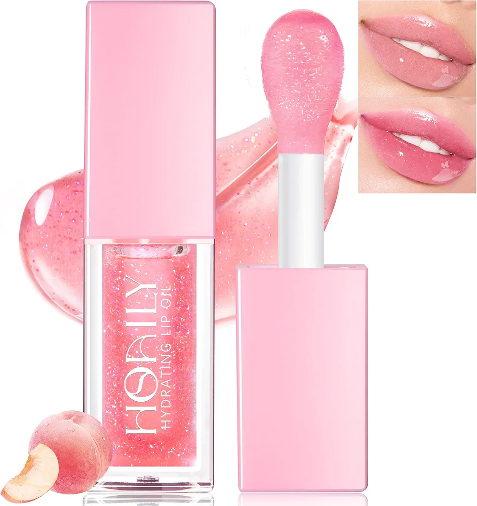 HOSAILY Hydrating Lip Glow Oil, Big Brush Head Lip Oil Tinted, Glossy Glass Nourishing Lip Gloss Plumping, Shimmer Color Changing Lip Tint Repairing Reducing Lip Lines for Dry Lip (Peach)