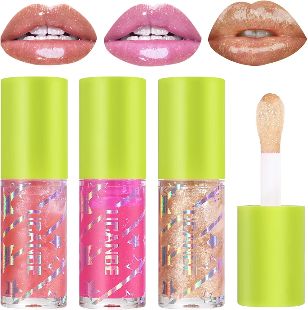 UCANBE 3 Color Shimmery Lip Oil Gloss - Luxurious Radiant Hydrating Tinted Lip Glow (Coral/Gold/Raspberry), Non-Sticky Shiny Lip Plumper Top Gloss for All-Day Wear and Comfort