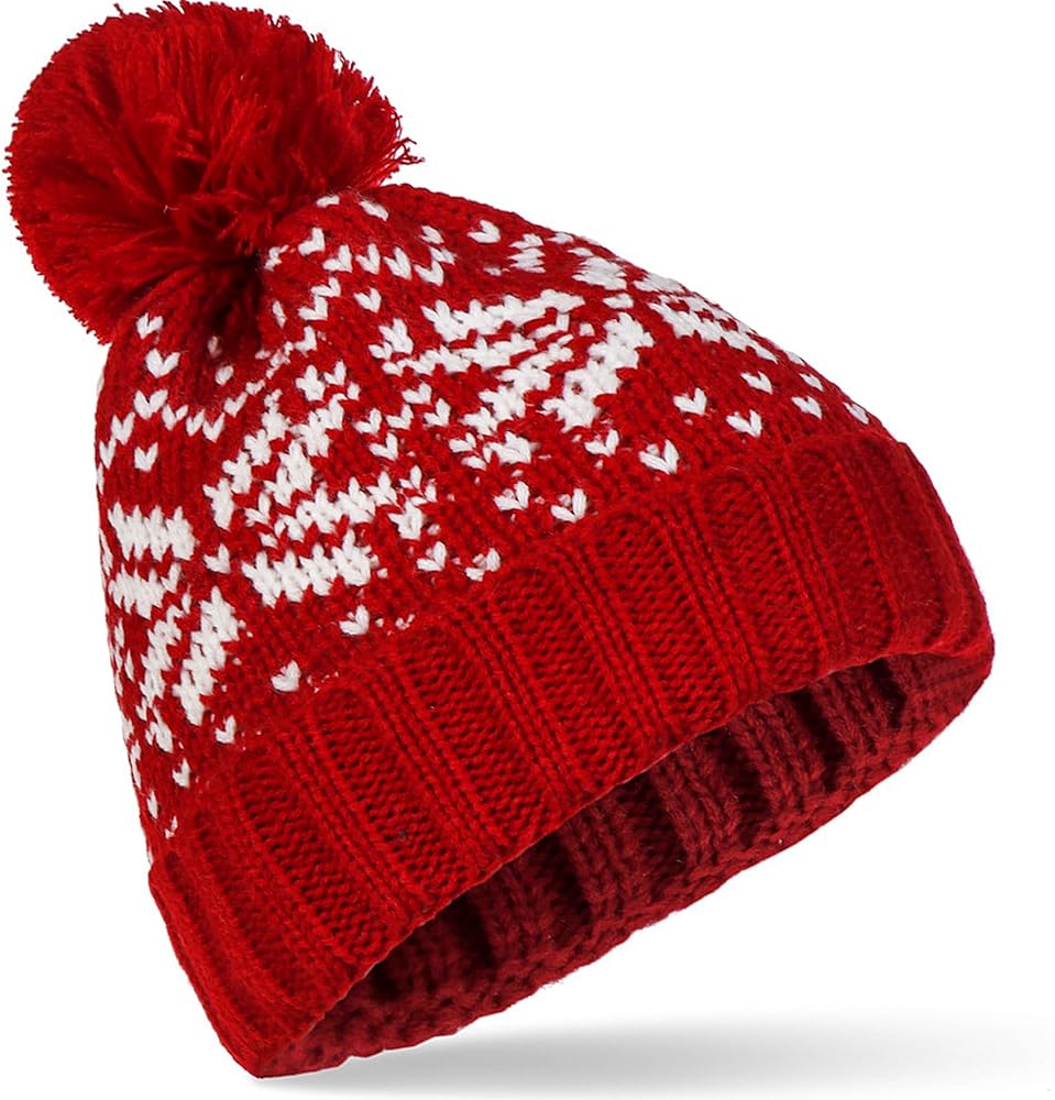 IZUS Beanie Hat for Women Winter Warm Pom-Pom Cuffed SKi Hat Adult Knit Caps Men Small/Medium