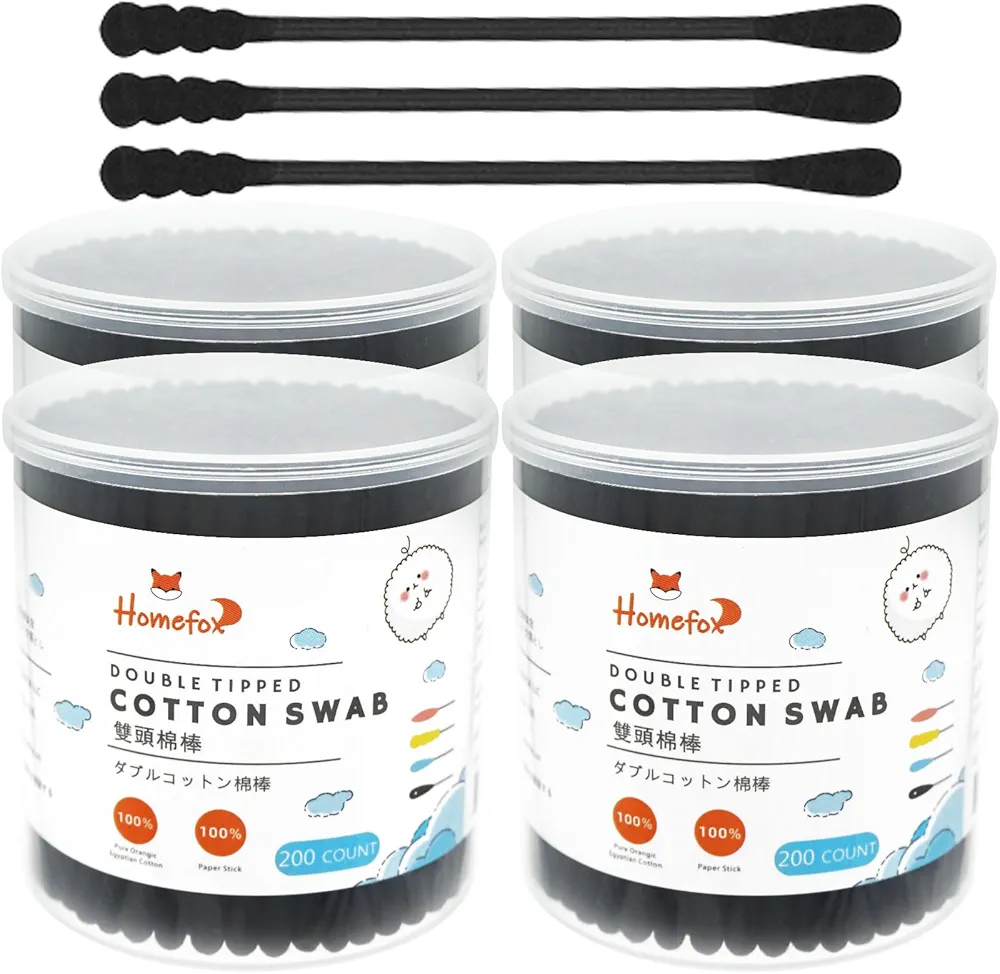 Black Cotton Swabs Spiral - 800 Count Organic Cotton Buds Double Side Tightly Wrapped Charcoal Cotton Tips Paper Stick Soft Gentle Lint-Free Cruelty-Free Goth Bathroom, Round & Spiral (Black)