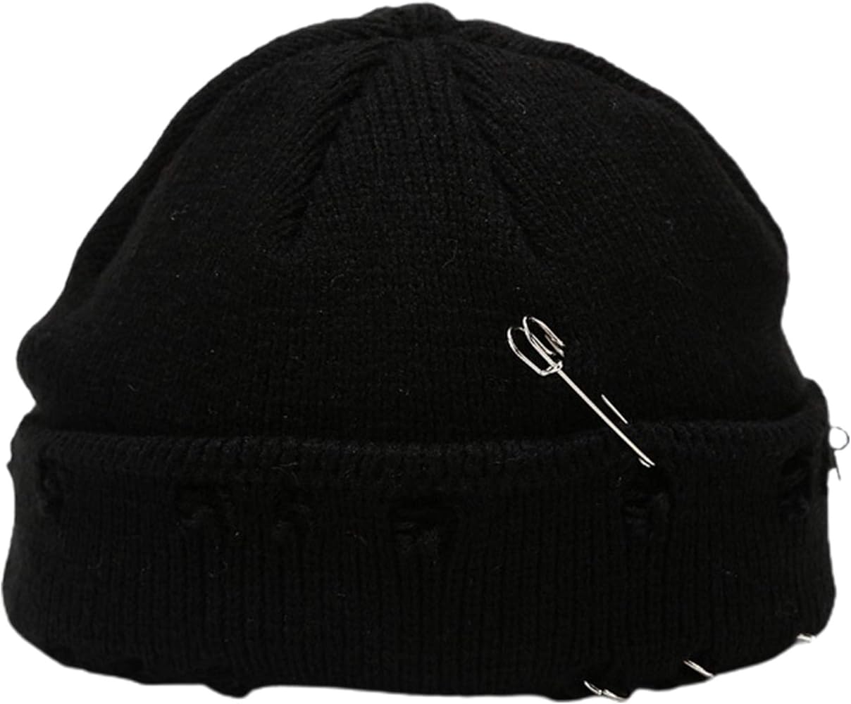 Unisex Winter Knitted Beanie Hat with Pins O-R1ng Vintage Distressed Hole Solid Color Hip Hop Stretch Cuffed Skull Cap