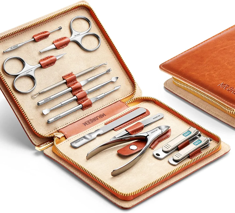 MR.GREEN Manicure Set 12 in 1 Full Function Nail Clippers Personal Care Tool Kits Stainless Steel Pedicure Sets with Leather Case Idea Gift (12Pcs Set) Brown