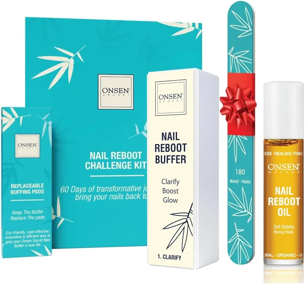 Onsen Secret Nail Care Kit - Japanese Nail Buffer and Shine Kit - Strengthening & Shining - Spa-Quality Manicure - Organic Ingredients - Long-Lasting Shine - Easy & Safe - w/Cuticle Care Oil - 1pk