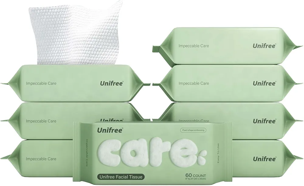 Unifree Facial Tissues I Dry Wipes I Makeup Remover, 8-pack Value Pack, 480 Count