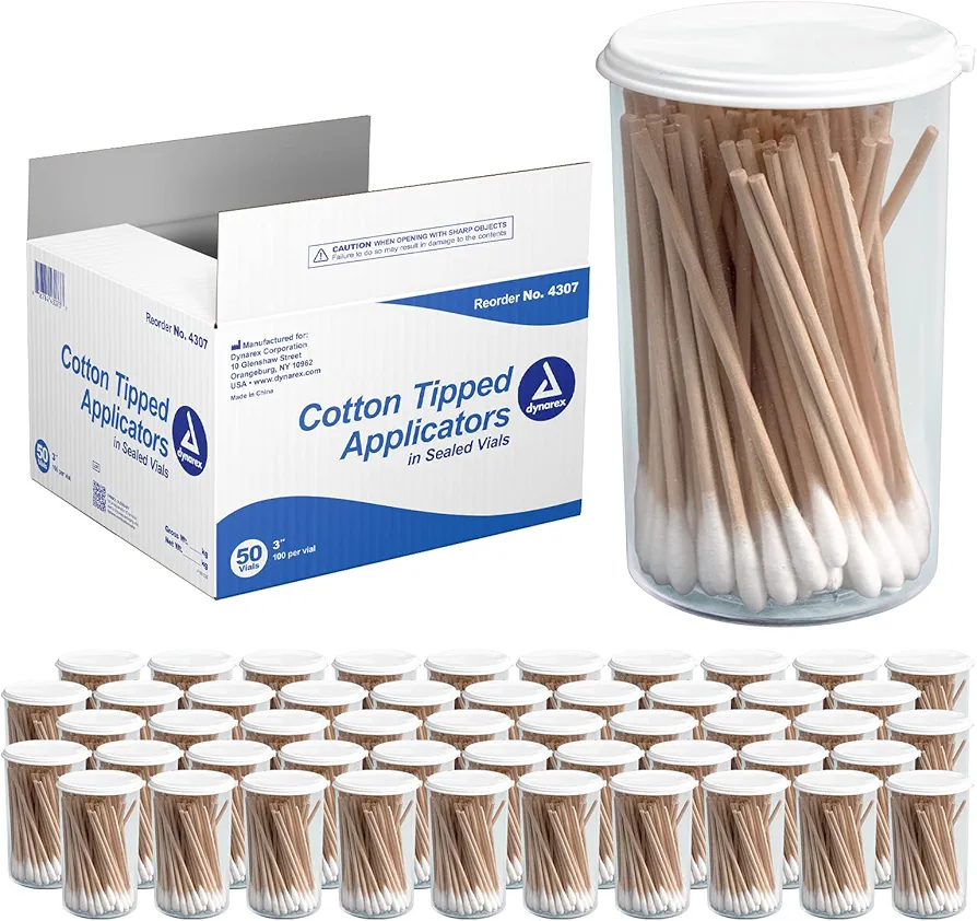 Dynarex 3-Inch Non-Sterile Cotton Tipped Applicators - Single-Use Wooden Cotton Tip Applicators for Wound Care & Dressing, Personal Hygiene & Make Up - 50 Vials, 100 per Sealed Vial