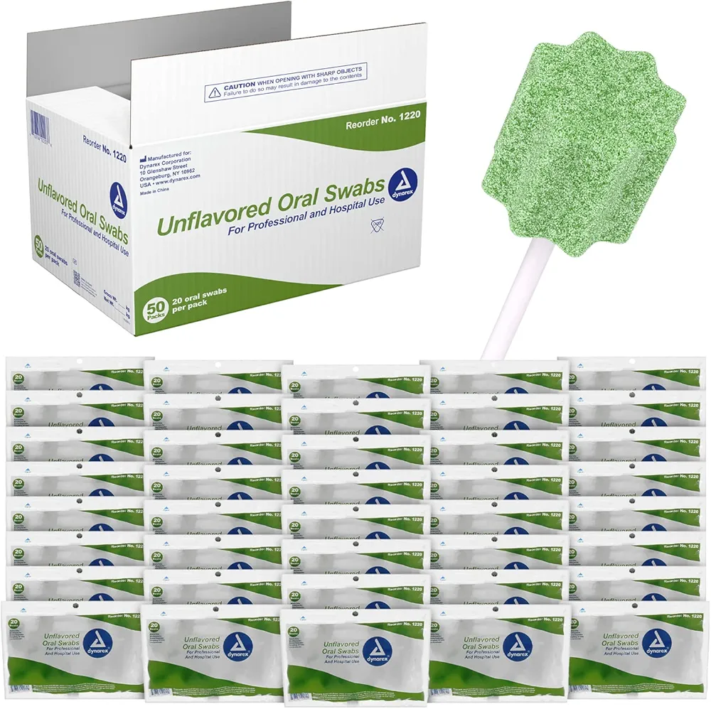 Dynarex Unflavored Oral Swabsticks, Cotton Swabs that Gently Clean, Moisten, and Refresh Mouth, Teeth, and Gums, 20 Swabsticks per Pack, 50 Packs of 20