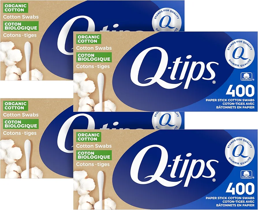 Q-tips Cotton Swabs Organic Swab Ultimate Home and Beauty Tool Made from Organic Cotton, Paper 400 Count(Pack of 4)