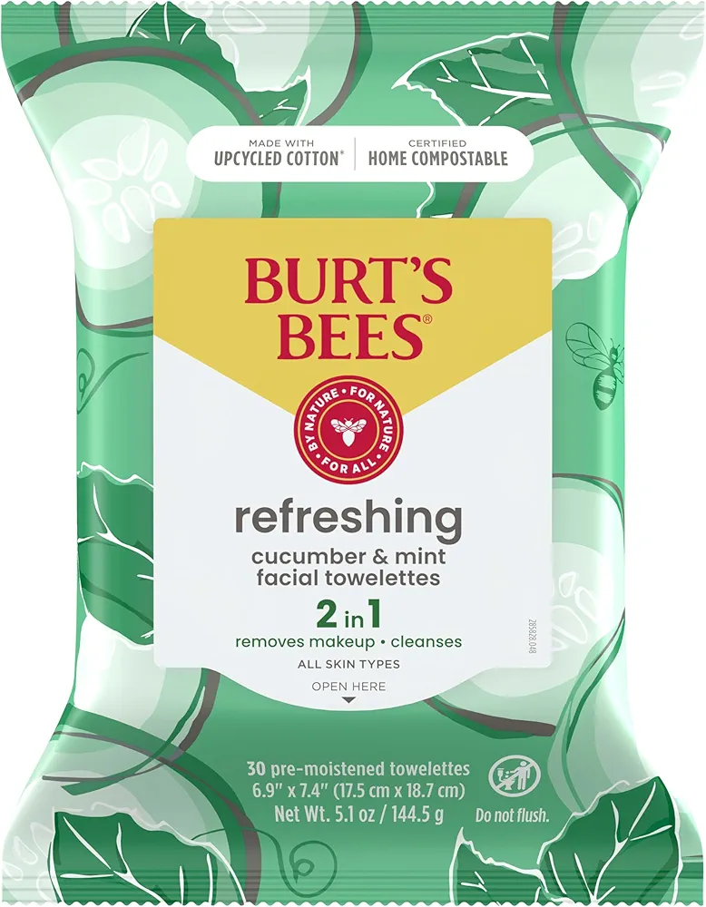 Burt's Bees Refreshing Facial Towelettes With Cucumber and Mint, Pre-Moistened Towelettes for All Skin Types, 99 Percent Natural Origin Skin Care, 30 ct. Package