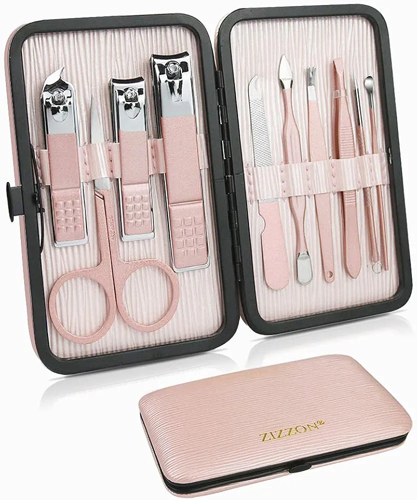 ZIZZON Travel Mini Manicure Set Nail Clipper Set 10 in 1 Stainless Steel Pedicure Care Grooming kit with Case Pink