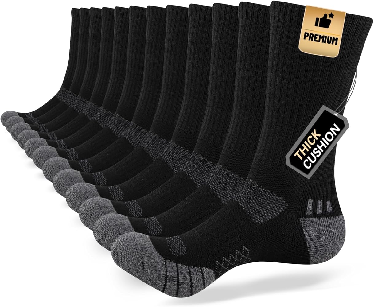 COOPLUS Mens Cushion Crew Socks Athletic Running Moisture Wicking Work Socks Performance Breathable Socks for Men (6 Pairs)