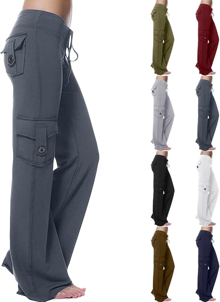 Cargo Yoga Pants for Women Plus Size High Waist Wide Leg Lounge Trousers Bootcut Flare Yoga Pant with Multi Pockets