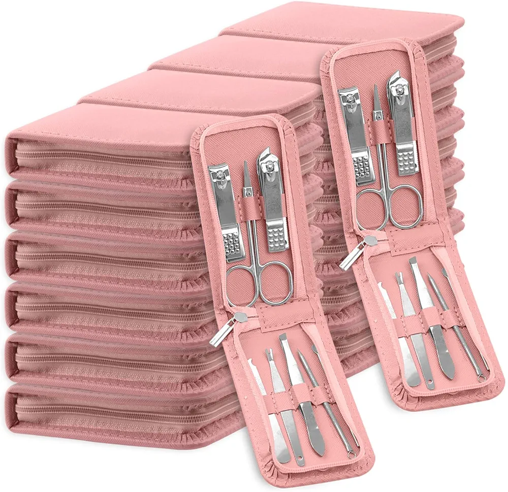 Manicure Set Bulk, Nail Clippers Kit Stainless Steel Fingernail Clippers Set, Sturdy Nail Tip Cutter Trimmers Professional Grooming Toenail Clippers Personal Pedicure Kits 8 in 1 (Pink 24 Pack)