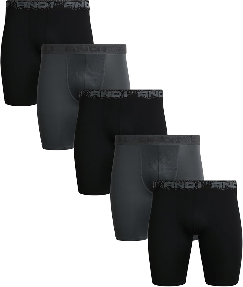 AND1 Men's Underwear Boxer Briefs - 5 Pack Performance Stretch Long Leg Compression Boxers for Men with Contour Pouch (S-3XL)