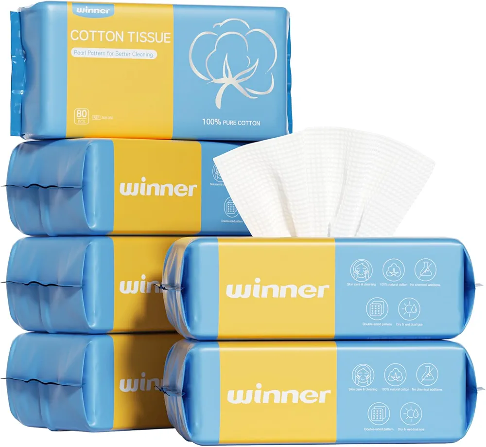 Winner Disposable Face Towels | 100% USA Cotton Daily Face Towelettes, Double-sided Makeup Remover Dry Wipes, Super Soft and Thick Facial Towels for Sensitive Skin, 480 Count, 6 Pack