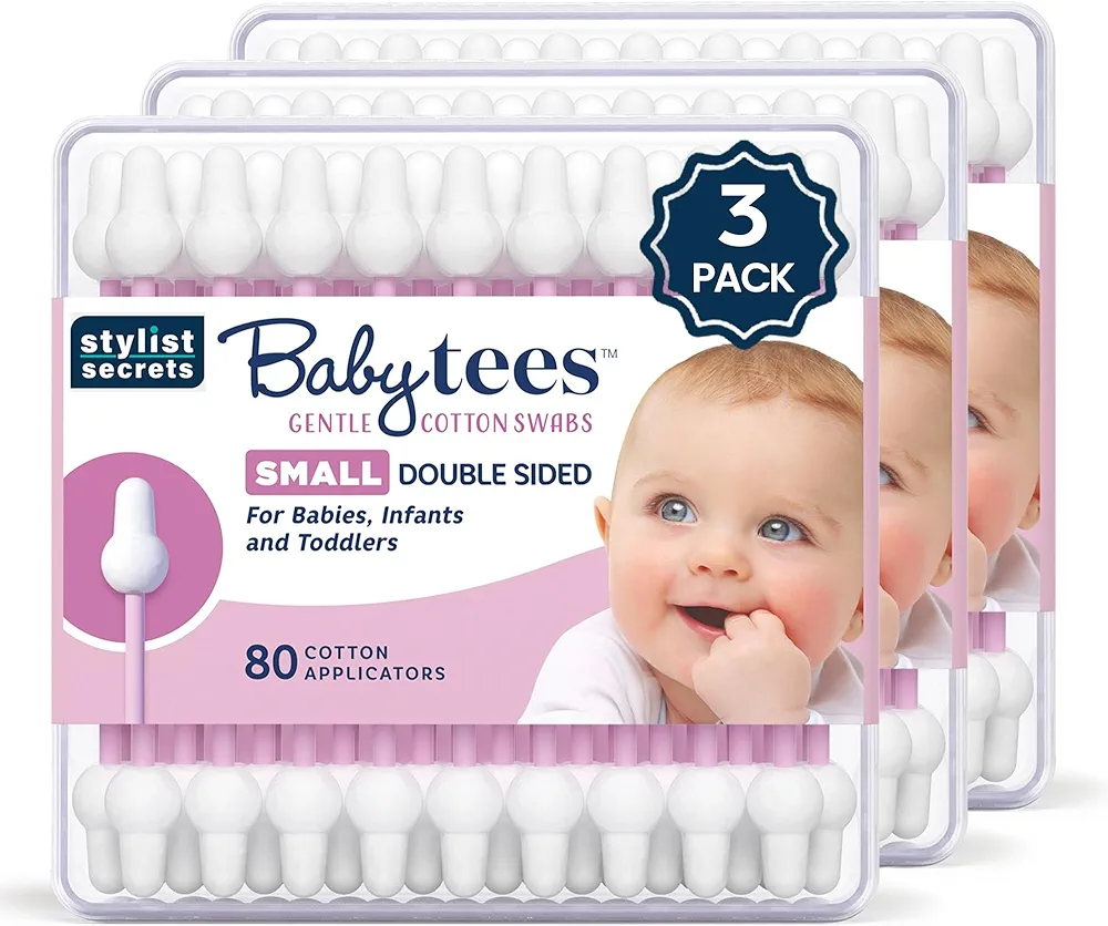 Classic Baby Tees - Small Gentle Double Sided Swabs Designed for Little Ears - for Babies, Infants & Toddlers - Dual Sided Pointed Buds - 80 Cotton Tips - 3 Pack