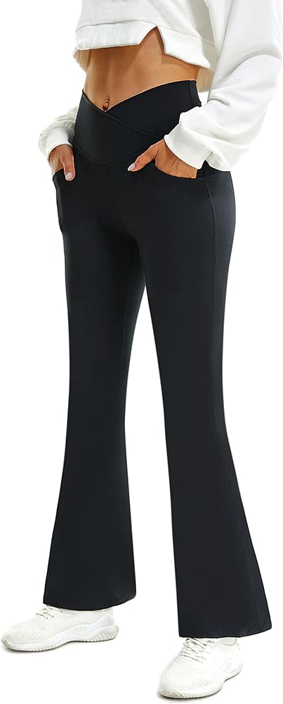 FireSwan Womens Crossover Flare Leggings with Pockets Bootcut High Waisted Yoga Pants Tummy Control Gym Workout Work Pants